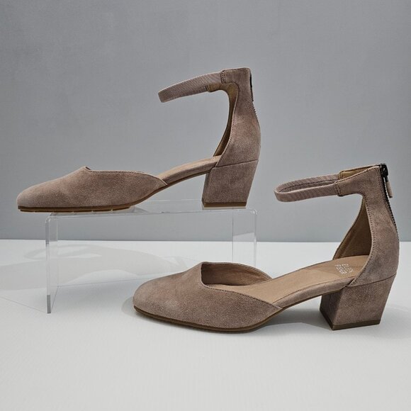 Eileen Fisher Veery Heel Pump Ankle Strap Zip Earth Tan Suede Size 8 NEW - Picture 2 of 16